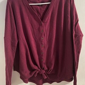 Women's Oversized Burgundy Front-knot Button-Up Top in size medium